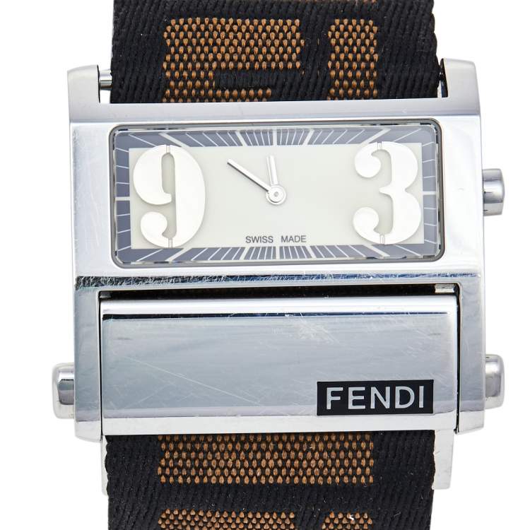 Pre Owned Fendi Cream Stainless Steel FF Canvas Zip Code 1120L Women's Wristwatch 38 mm