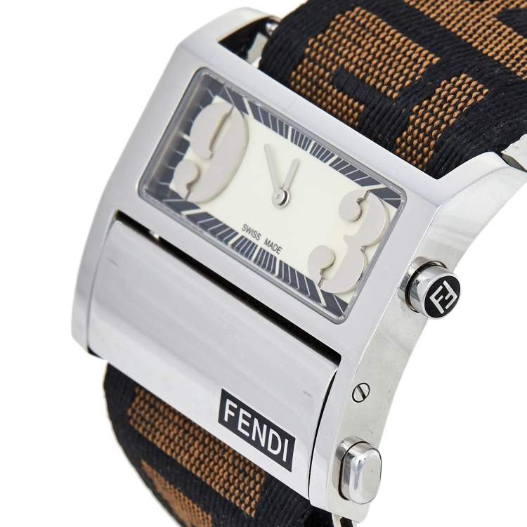Pre Owned Fendi Cream Stainless Steel FF Canvas Zip Code 1120L Women's Wristwatch 38 mm