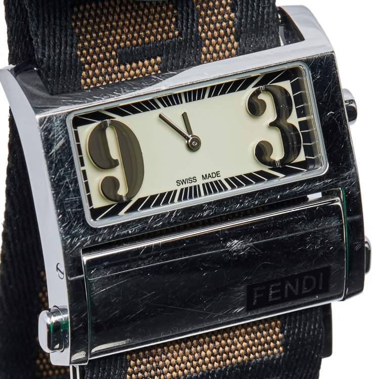 Pre Owned Fendi Cream Stainless Steel FF Canvas Zip Code 1120L Women's Wristwatch 38 mm