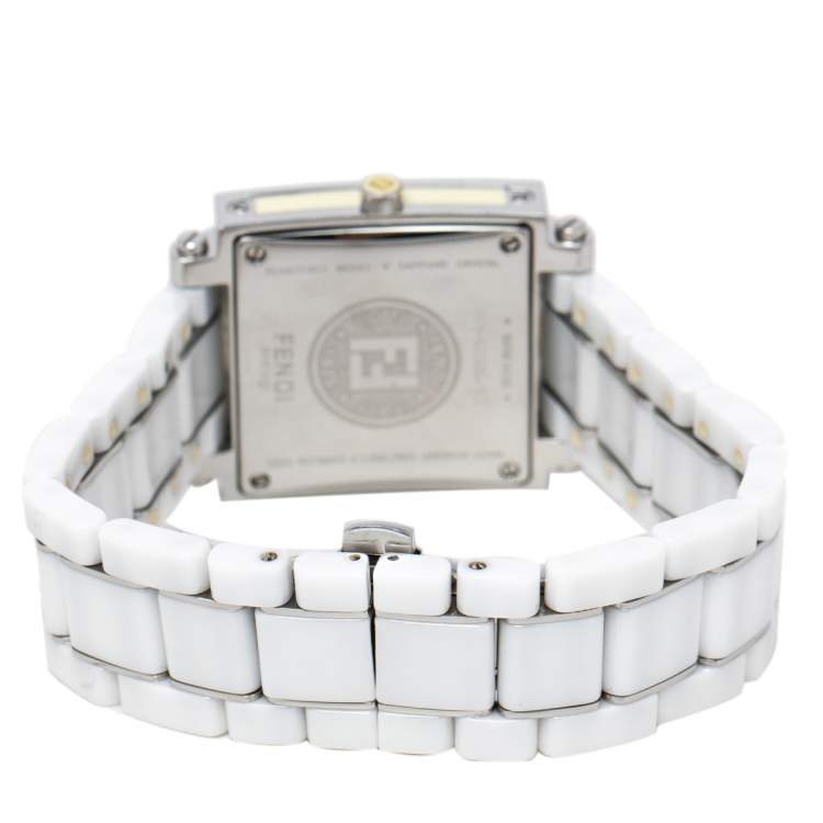 Pre Owned Fendi White Ceramic And Stainless Steel Diamonds Quadro 6200G Women's Wristwatch 30 mm