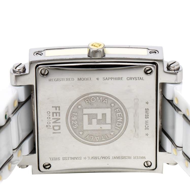 Pre Owned Fendi White Ceramic And Stainless Steel Diamonds Quadro 6200G Women's Wristwatch 30 mm
