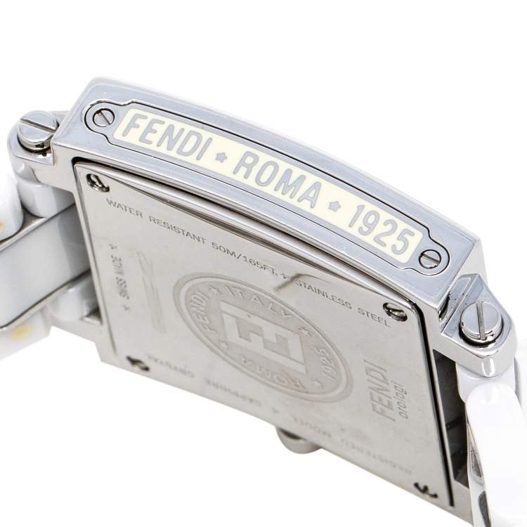 Pre Owned Fendi White Ceramic And Stainless Steel Diamonds Quadro 6200G Women's Wristwatch 30 mm