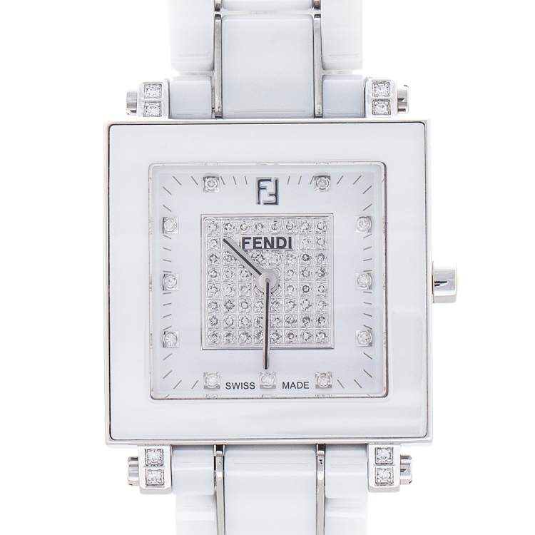 Pre Owned Fendi White Ceramic And Stainless Steel Diamonds Quadro 6200G Women's Wristwatch 30 mm