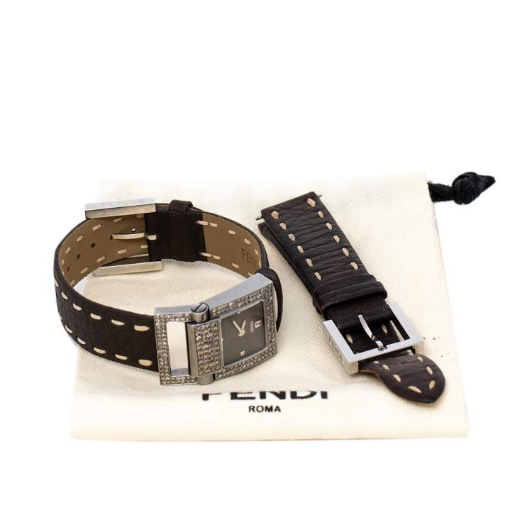 Pre Owned Fendi Brown Stainless Leather Diamond 5200L Women's Wristwatch 23 mm