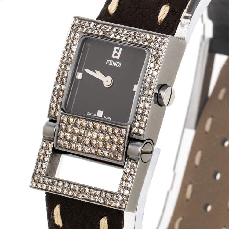 Pre Owned Fendi Brown Stainless Leather Diamond 5200L Women's Wristwatch 23 mm