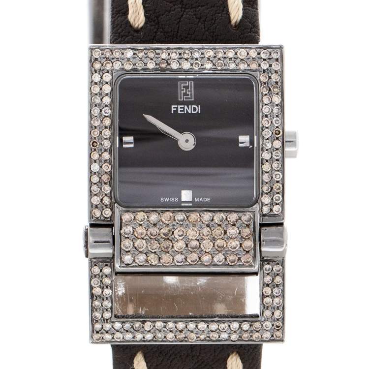 Pre Owned Fendi Brown Stainless Leather Diamond 5200L Women's Wristwatch 23 mm