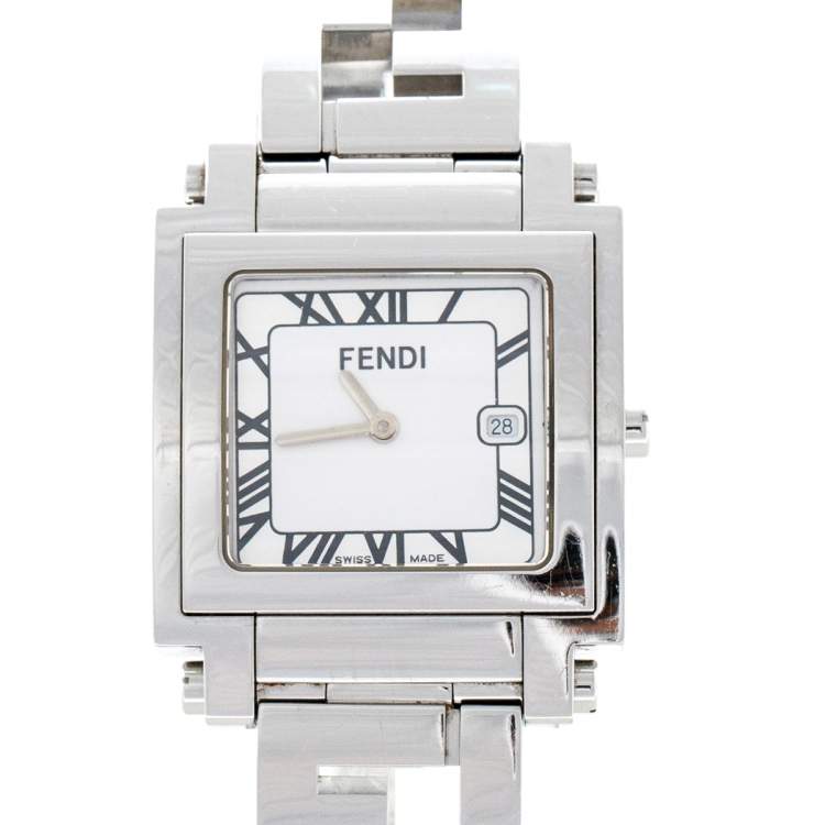 Pre Owned Fendi Silver White Stainless Steel Quadro 6000G Women's Wristwatch 30 mm