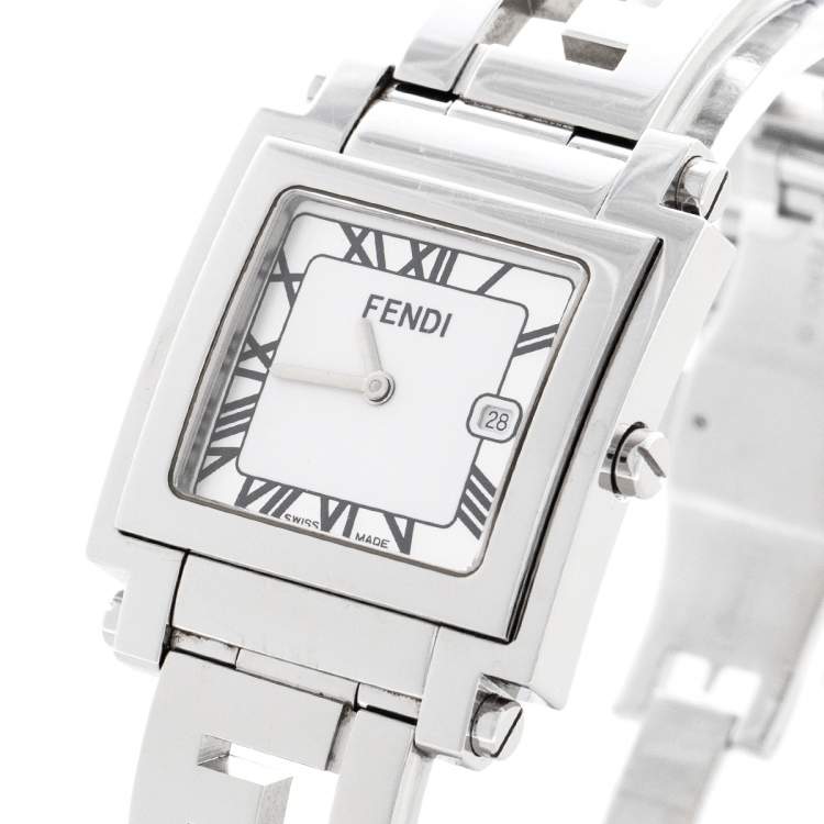 Pre Owned Fendi Silver White Stainless Steel Quadro 6000G Women's Wristwatch 30 mm