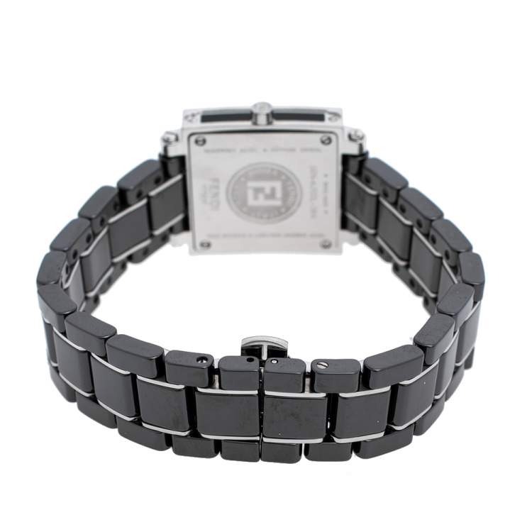 Pre Owned Fendi Black Ceramic & Stainless Steel Quadro 6200L Women's Wristwatch 25 mm