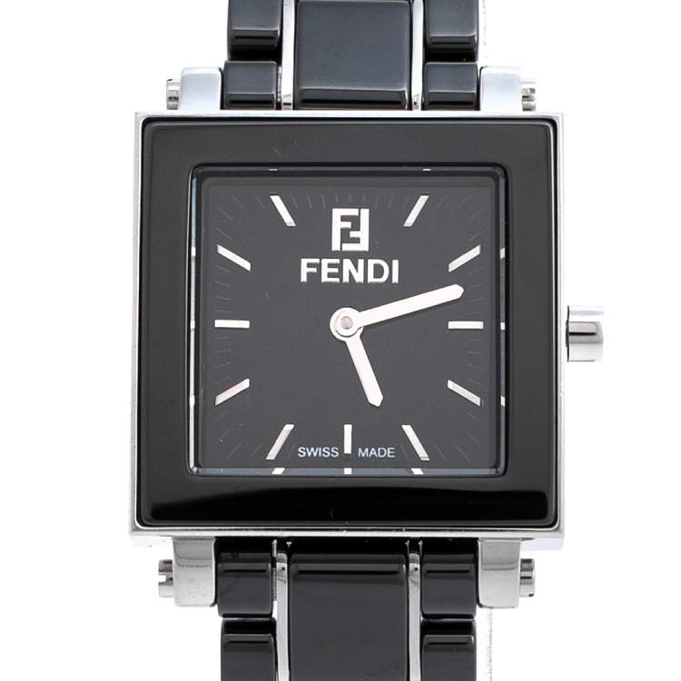 Pre Owned Fendi Black Ceramic & Stainless Steel Quadro 6200L Women's Wristwatch 25 mm