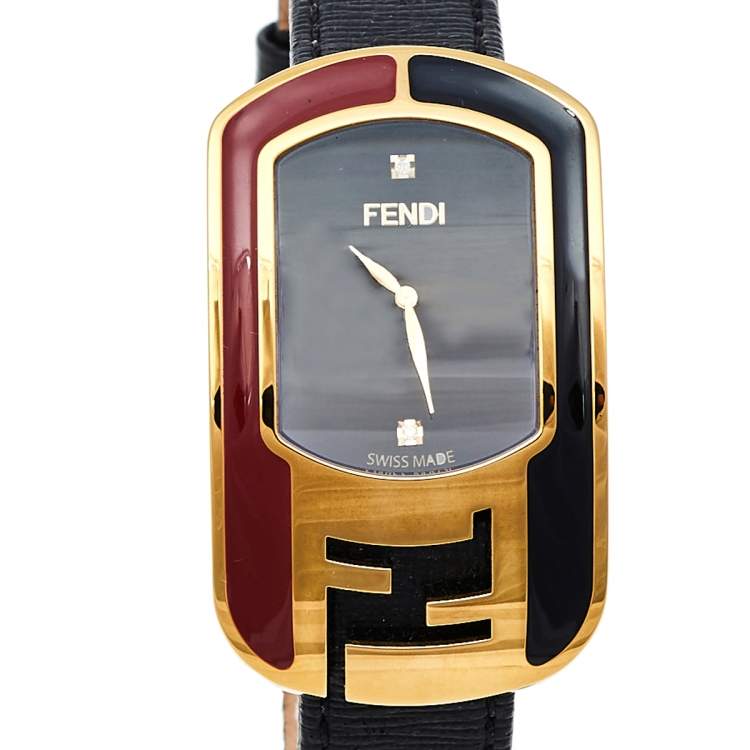 Pre Owned  Fendi Black Gold Plated Stainless Steel Leather Chameleon 30000M Women's Wristwatch 29 mm
