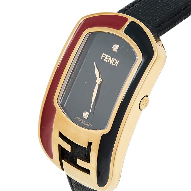 Pre Owned  Fendi Black Gold Plated Stainless Steel Leather Chameleon 30000M Women's Wristwatch 29 mm