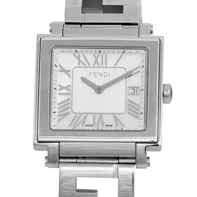 Pre Owned Fendi Mother of Pearl Stainless Steel Quadro 60500G Women's Wristwatch 33 mm 