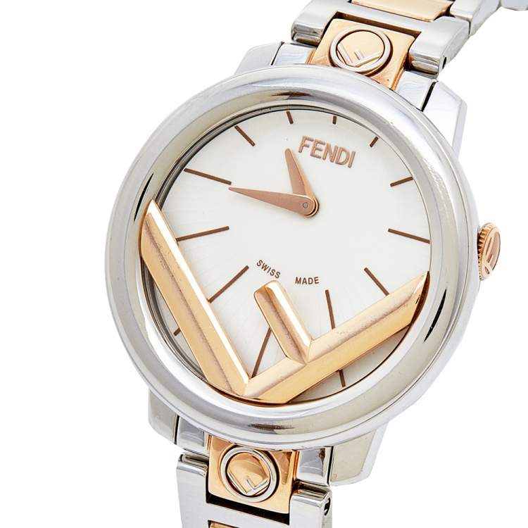 Pre Owned Fendi White Two Tone Stainless Steel Runaway FOW802A2YL Women's Wristwatch 28 mm