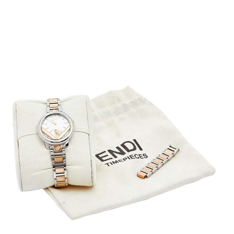 Pre Owned Fendi White Two Tone Stainless Steel Runaway FOW802A2YL Women's Wristwatch 28 mm