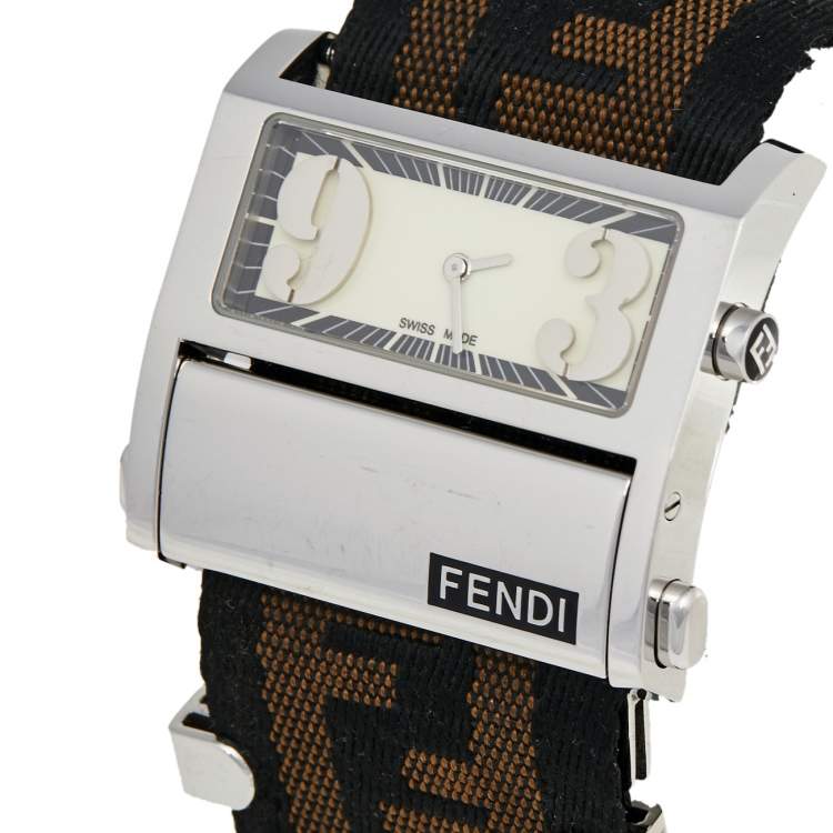 Pre Owned Fendi White Stainless Steel Canvas Zip Code 1120L Women's Wristwatch 38 mm