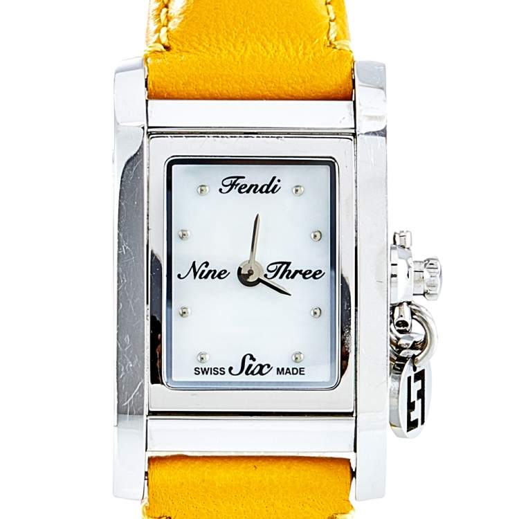Pre Owned Fendi Mother of Pearl Leather Stainless Steel 7100L Women's Wristwatch 21 MM