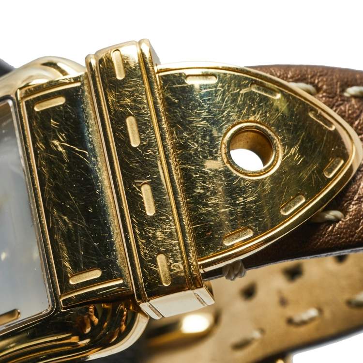 Pre Owned Fendi Mother of Pearl Gold Plated Stainless Steel Leather B.Fendi 3800G Women's Wristwatch 33 mm