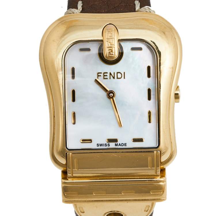 Pre Owned Fendi Mother of Pearl Gold Plated Stainless Steel Leather B.Fendi 3800G Women's Wristwatch 33 mm
