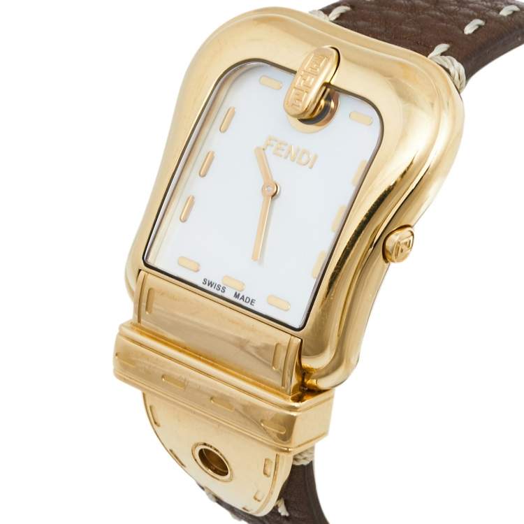 Pre Owned Fendi Mother of Pearl Gold Plated Stainless Steel Leather B.Fendi 3800G Women's Wristwatch 33 mm