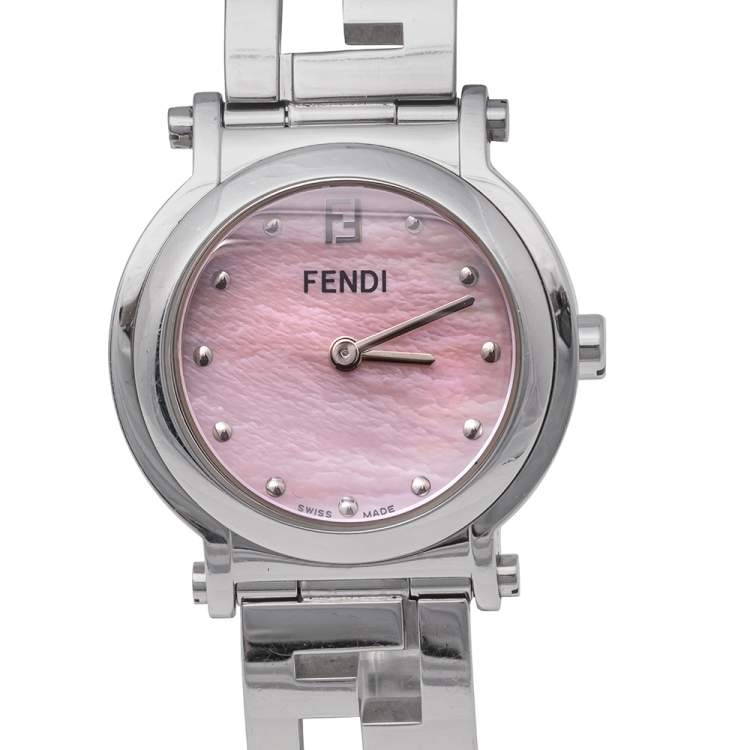 Pre Owned Fendi Pink Mother of Pearl Stainless Steel 6100L Womens's Wristwatch 28 mm