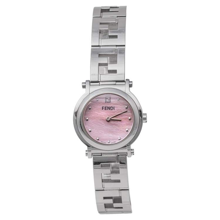 Pre Owned Fendi Pink Mother of Pearl Stainless Steel 6100L Womens's Wristwatch 28 mm