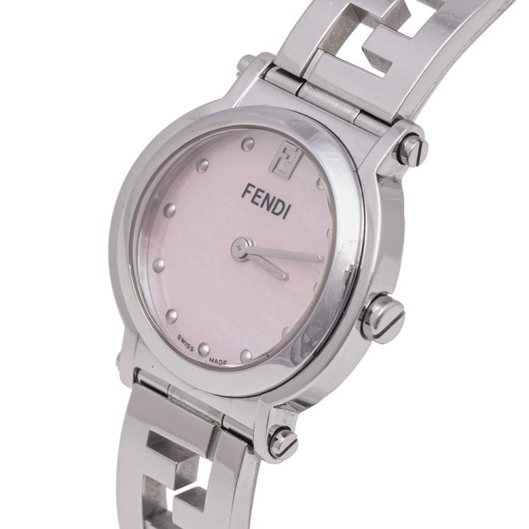 Pre Owned Fendi Pink Mother of Pearl Stainless Steel 6100L Womens's Wristwatch 28 mm