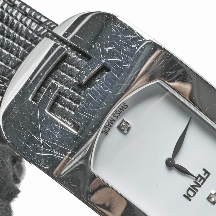 Pre Owned Fendi White Stainless Steel Lizard Skin Leather Diamond Chameleon 30000M Women's Wristwatch 29 mm