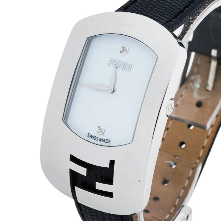 Pre Owned Fendi White Stainless Steel Lizard Skin Leather Diamond Chameleon 30000M Women's Wristwatch 29 mm