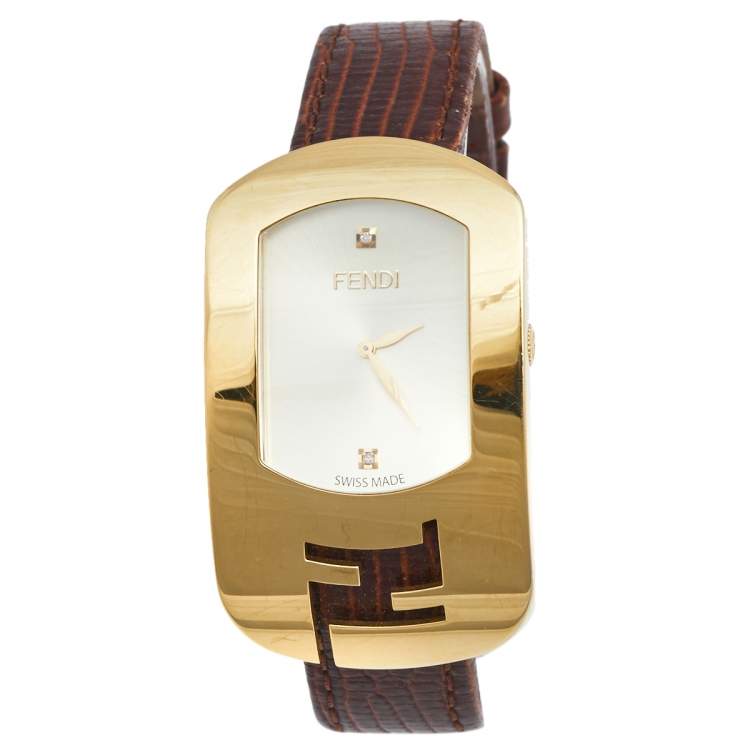 Pre Owned Fendi Yellow Gold Plated Steel Leather Chameleon 30000M Women's Wristwatch 29 mm