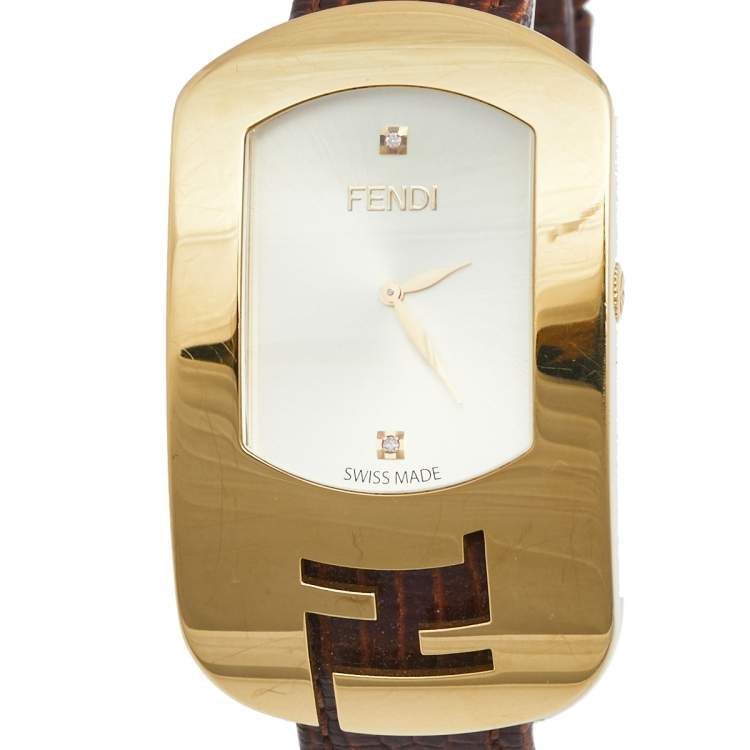 Pre Owned Fendi Yellow Gold Plated Steel Leather Chameleon 30000M Women's Wristwatch 29 mm