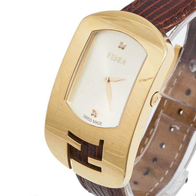 Pre Owned Fendi Yellow Gold Plated Steel Leather Chameleon 30000M Women's Wristwatch 29 mm