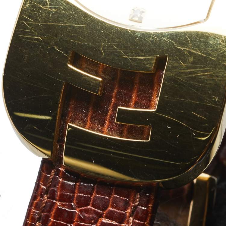 Pre Owned Fendi Yellow Gold Plated Steel Leather Chameleon 30000M Women's Wristwatch 29 mm
