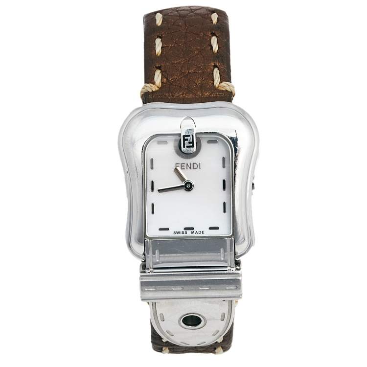 Pre Owned Fendi Mother of Pearl Stainless Steel Leather B.Fendi 3800L Women's Wristwatch 18 mm