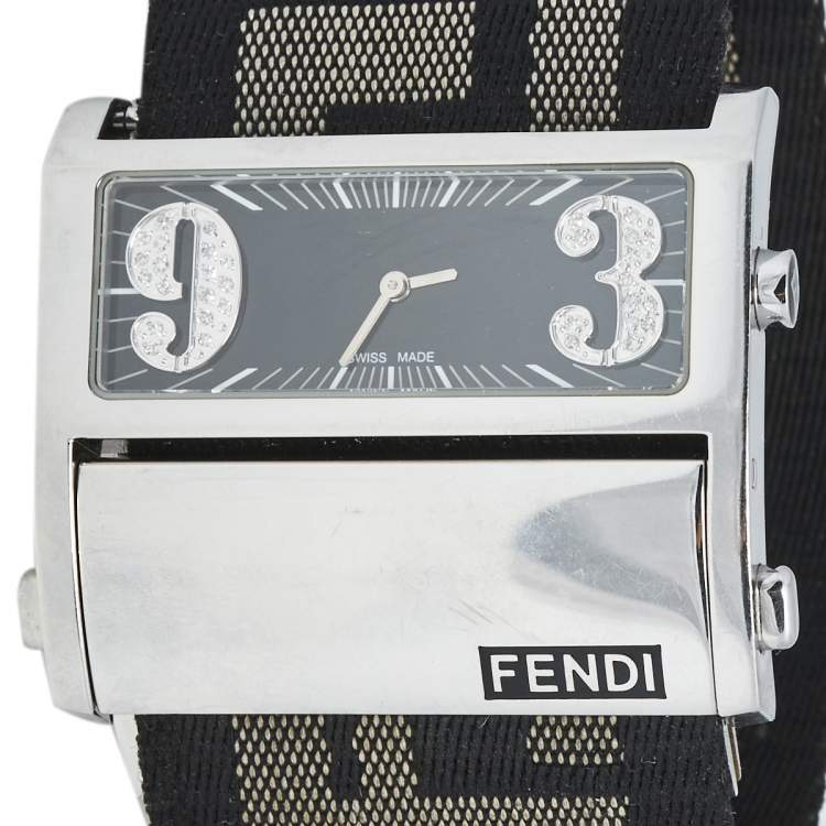 Pre Owned Fendi Black Stainless Steel Canvas Diamond Zip Code 1120G Women's Wristwatch 45 mm