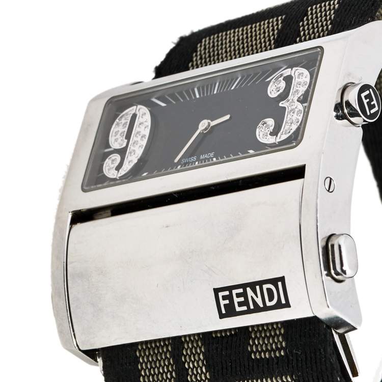 Pre Owned Fendi Black Stainless Steel Canvas Diamond Zip Code 1120G Women's Wristwatch 45 mm
