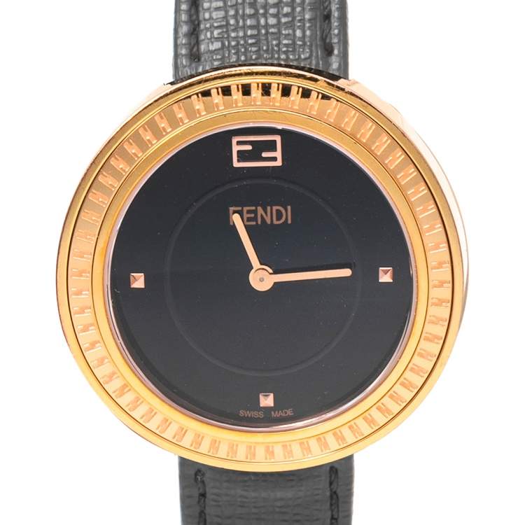 Pre Owned Fendi Black Rose Gold Plated Stainless Steel Leather My Way 35000M Women's Wristwatch 36 mm