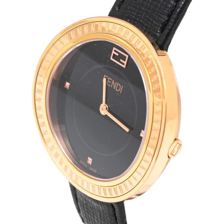 Pre Owned Fendi Black Rose Gold Plated Stainless Steel Leather My Way 35000M Women's Wristwatch 36 mm