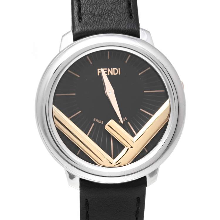 Pre Owned Fendi Black Two-Tone Stainless Steel Leather Run Away 71000M Women's Wristwatch 36 mm