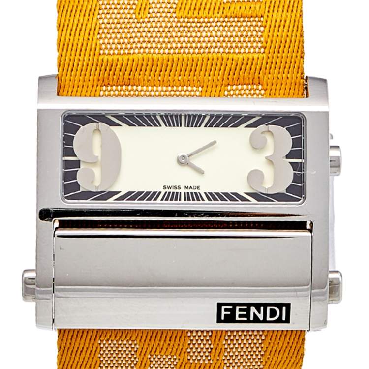 Pre Owned Fendi Cream Stainless Steel Canvas Zip Code 1120G Women's Wristwatch 46 mm