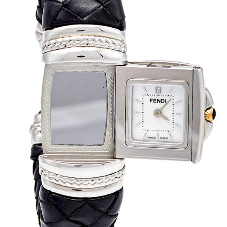 Pre Owned Fendi Mother Of Pearl 18K Yellow Gold Stainless Steel Calfskin Spy 9000L Women's Wristwatch 20 mm