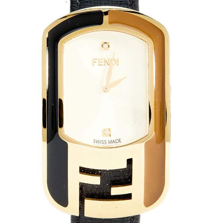 Pre Owned Fendi Yellow Gold Plated Steel Diamond Leather Chameleon 30000M Women's Wristwatch 29 mm