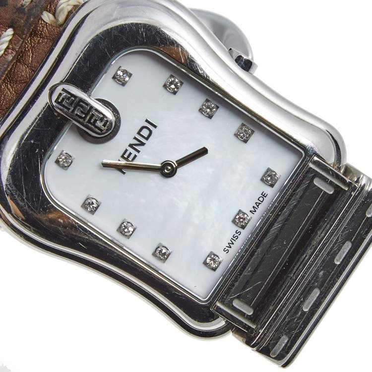 Pre Owned Fendi Mother of Pearl Diamond Stainless Steel Leather B.Fendi 3800G Women's Wristwatch 33 mm