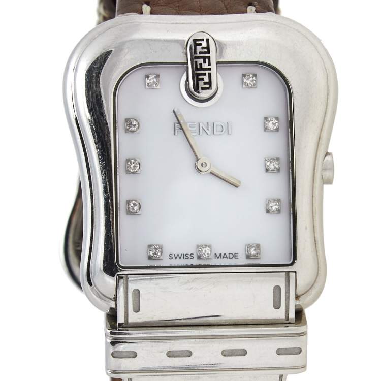 Pre Owned Fendi Mother of Pearl Diamond Stainless Steel Leather B.Fendi 3800G Women's Wristwatch 33 mm