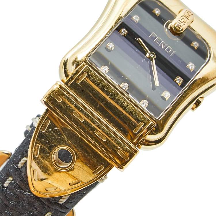 Pre Owned Fendi Black Yellow Gold Plated Stainless Steel B.Fendi 3800G Women's Wristwatch 33 mm