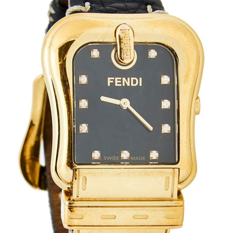 Pre Owned Fendi Black Yellow Gold Plated Stainless Steel B.Fendi 3800G Women's Wristwatch 33 mm