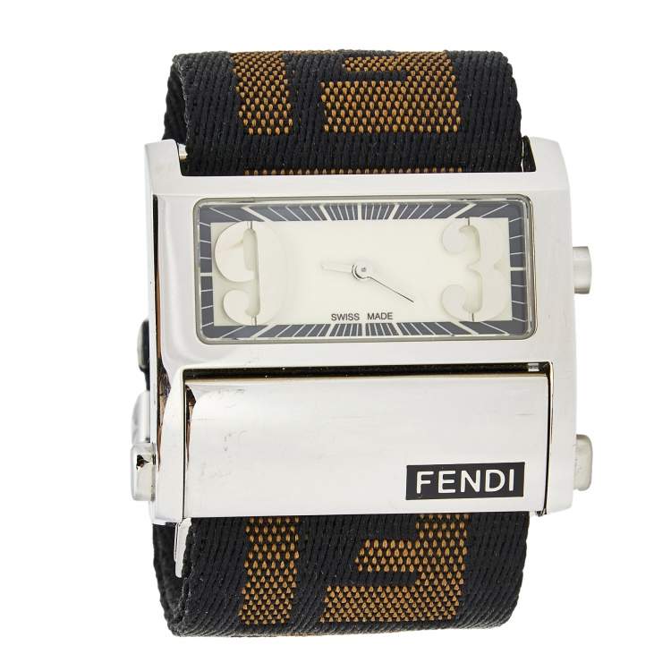 Pre Owned Fendi Cream Stainless Steel Canvas Zip Code 1120L Women's Wristwatch 38 mm