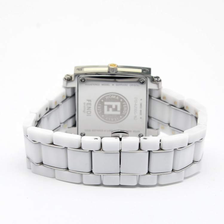 Pre Owned Fendi White Ceramic Stainless Steel Quadro 6200G Unisex Wristwatch 30 mm
