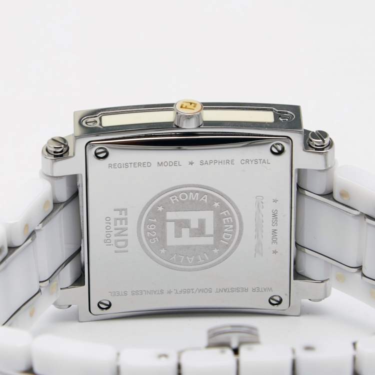 Pre Owned Fendi White Ceramic Stainless Steel Quadro 6200G Unisex Wristwatch 30 mm