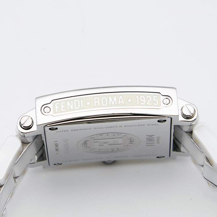 Pre Owned Fendi White Ceramic Stainless Steel Quadro 6200G Unisex Wristwatch 30 mm